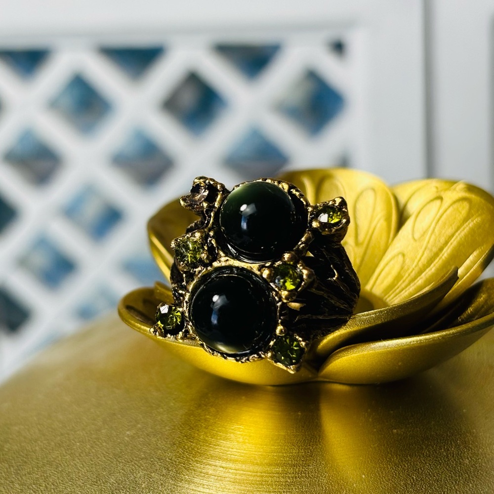 Vintage Gold-Tone Double Green Plastic Stones Cocktail Ring. Adjustable.